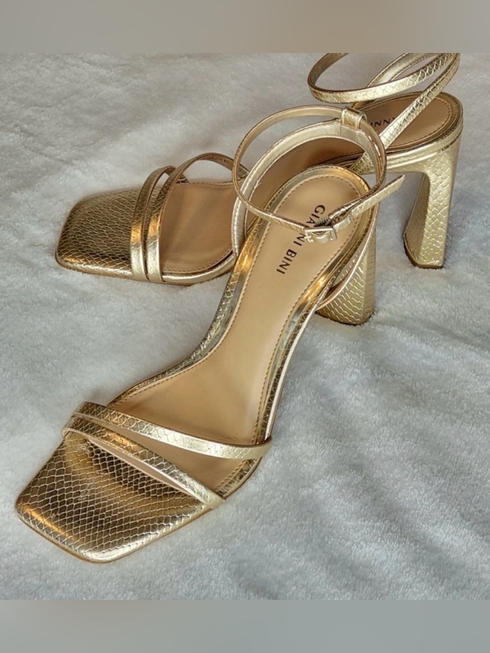 Gianni Bini Gold Metallic Strappy Block Heels